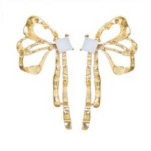 Gold Bow Stud Earrings with White Stone